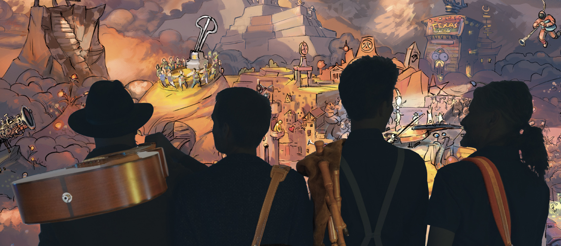 4 Musiker von hinten als Schattenfiguren schauen auf das comicartig gezeichnete Fanatasieland Alpestan