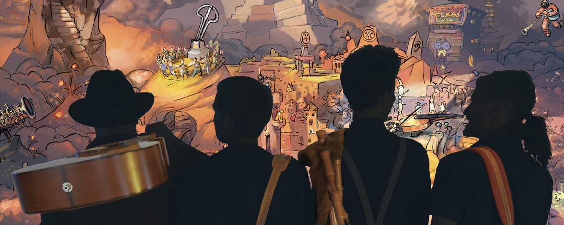 4 Musiker von hinten als Schattenfiguren schauen auf das comicartig gezeichnete Fanatasieland Alpestan